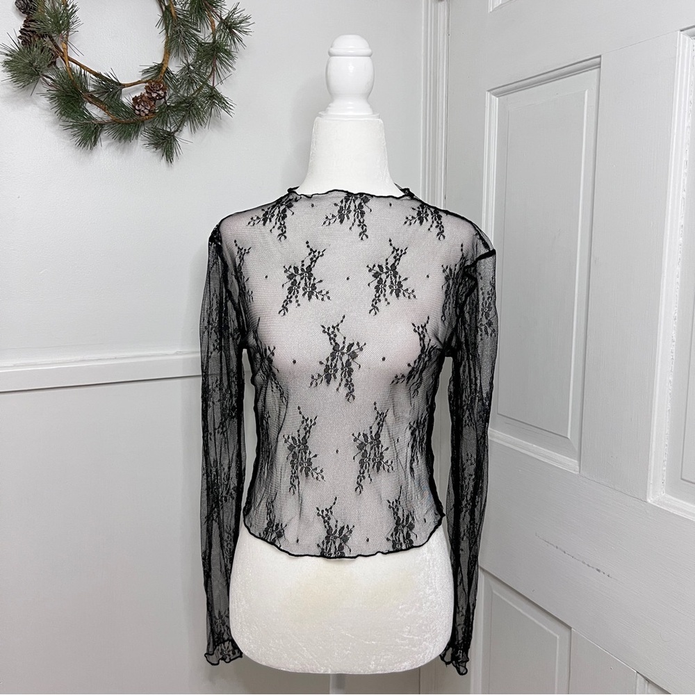 Mesh Sheer Floral Lace Mock Neck Long Sleeve Top Fairy Whimsigoth Witchy Layer